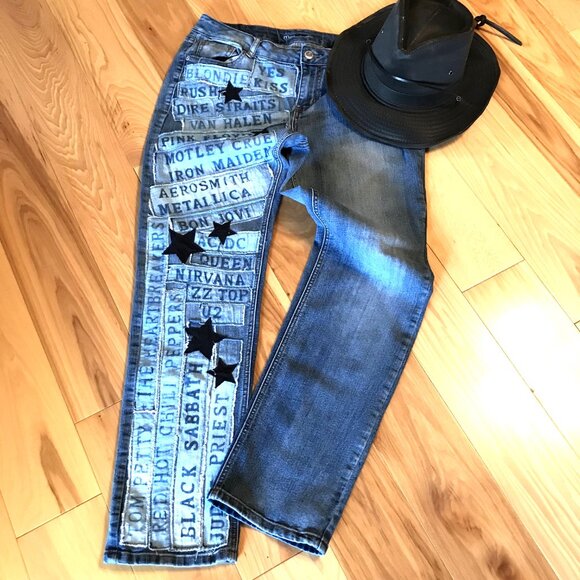 80s Rock Band Patchwork Jeans, Size 12 - Upcycled, Bleached Band Patches & Stars - Picture 6 of 12